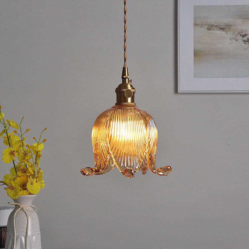 Traditional Vintage Floral Round Glass Copper 1-Light Pendant Light For Living Room