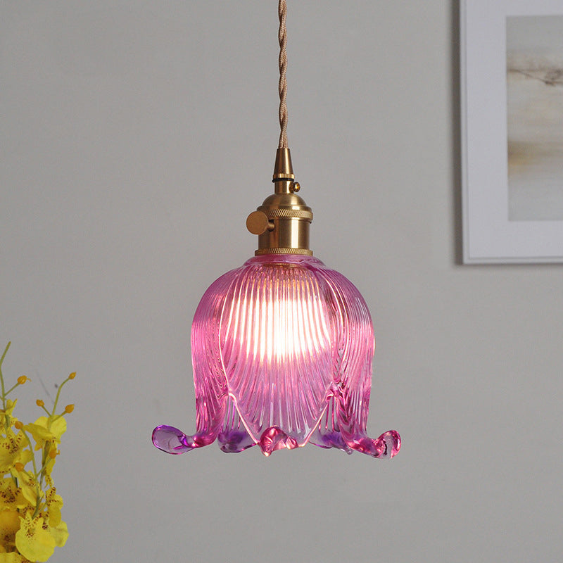 Traditional Vintage Floral Round Glass Copper 1-Light Pendant Light For Living Room