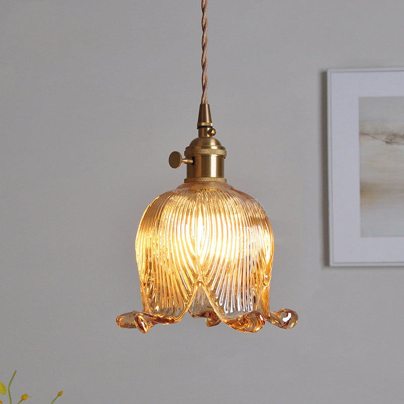 Traditional Vintage Floral Round Glass Copper 1-Light Pendant Light For Living Room