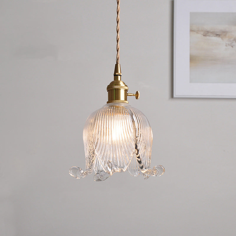Traditional Vintage Floral Round Glass Copper 1-Light Pendant Light For Living Room