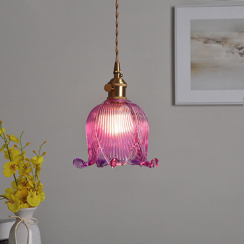 Traditional Vintage Floral Round Glass Copper 1-Light Pendant Light For Living Room
