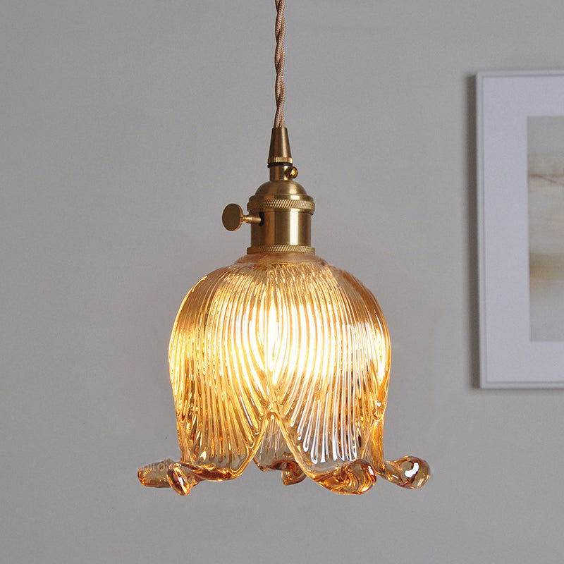 Traditional Vintage Floral Round Glass Copper 1-Light Pendant Light For Living Room