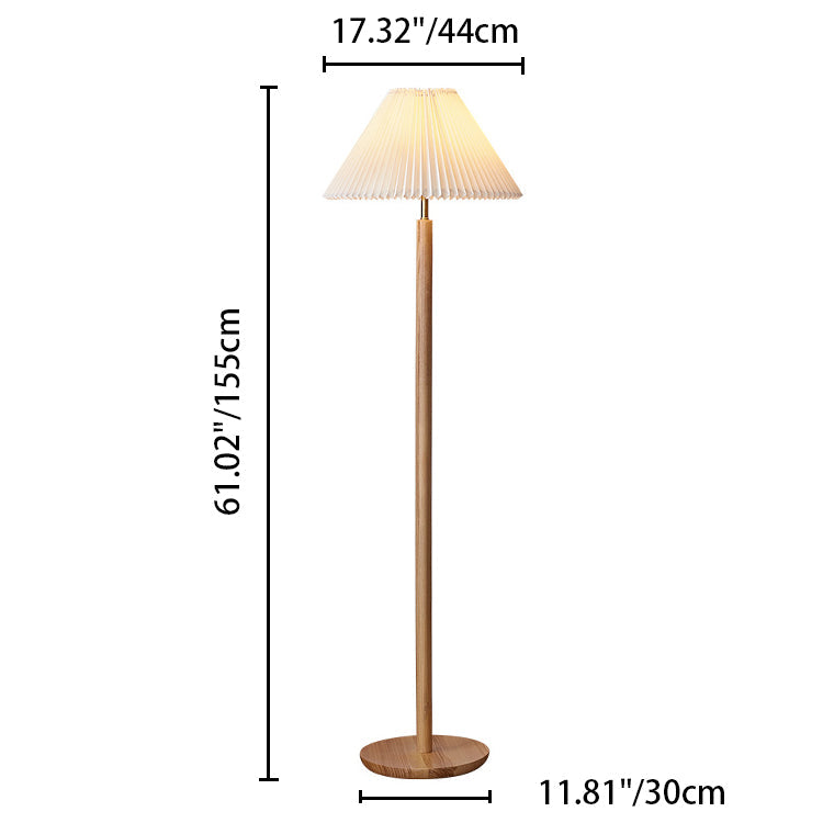 Traditional Vintage Cylinder Cone Pleated Cotton Linen Ash Wood Brass 1-Light Standing Floor Lamp For Living Room