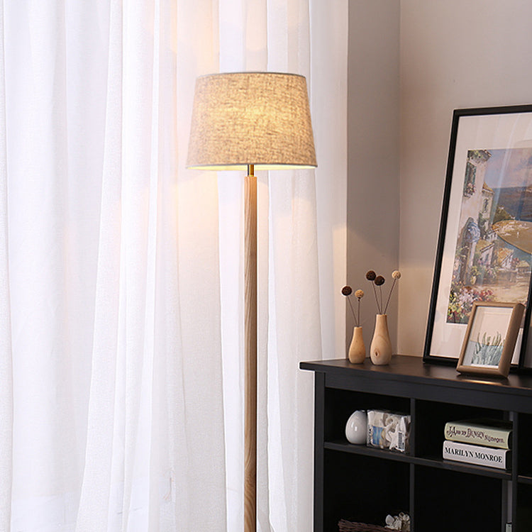 Traditional Vintage Cylinder Cone Pleated Cotton Linen Ash Wood Brass 1-Light Standing Floor Lamp For Living Room