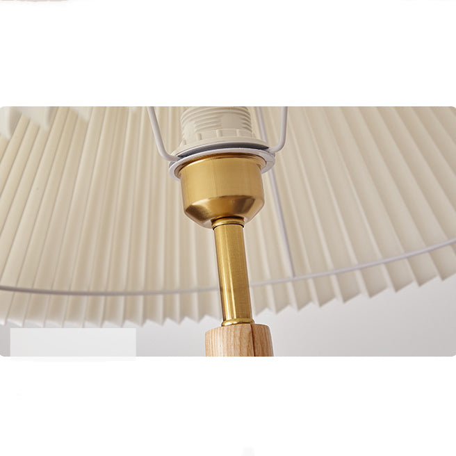 Traditional Vintage Cylinder Cone Pleated Cotton Linen Ash Wood Brass 1-Light Standing Floor Lamp For Living Room