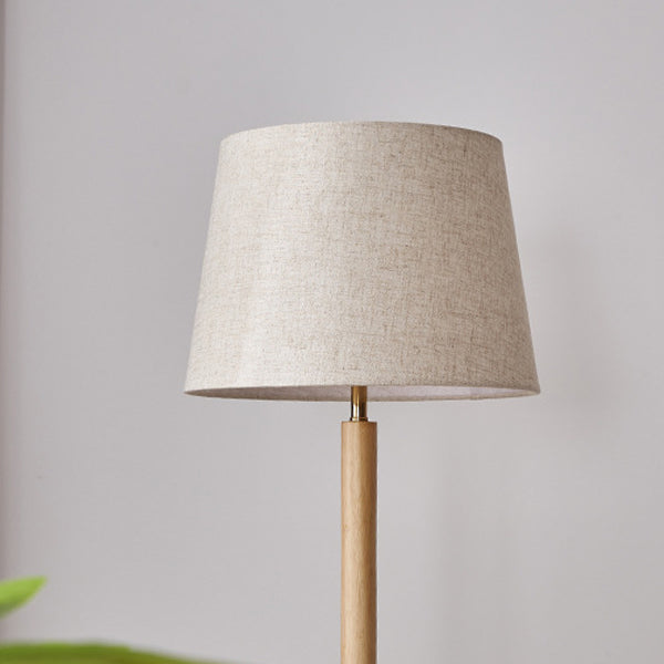 Traditional Vintage Cylinder Cone Pleated Cotton Linen Ash Wood Brass 1-Light Standing Floor Lamp For Living Room