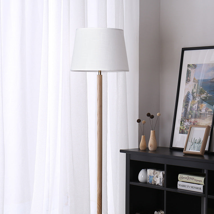 Traditional Vintage Cylinder Cone Pleated Cotton Linen Ash Wood Brass 1-Light Standing Floor Lamp For Living Room