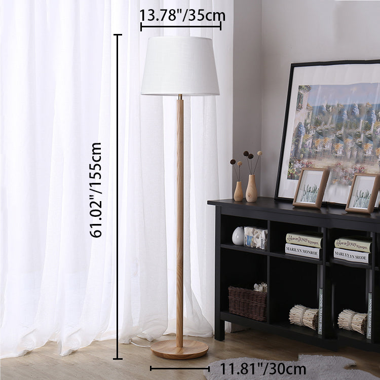 Traditional Vintage Cylinder Cone Pleated Cotton Linen Ash Wood Brass 1-Light Standing Floor Lamp For Living Room