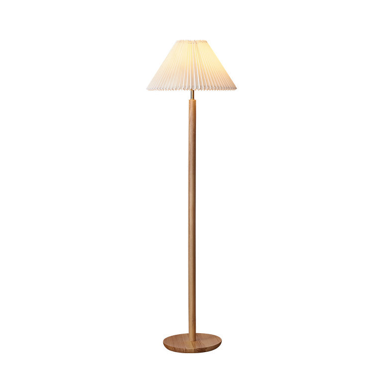 Traditional Vintage Cylinder Cone Pleated Cotton Linen Ash Wood Brass 1-Light Standing Floor Lamp For Living Room