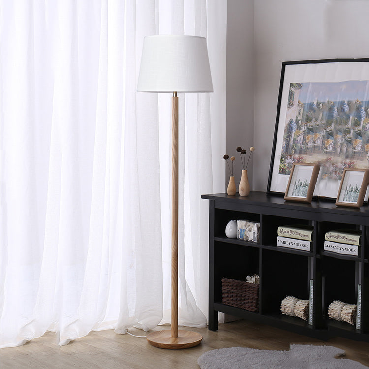 Traditional Vintage Cylinder Cone Pleated Cotton Linen Ash Wood Brass 1-Light Standing Floor Lamp For Living Room