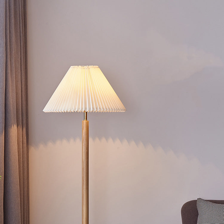 Traditional Vintage Cylinder Cone Pleated Cotton Linen Ash Wood Brass 1-Light Standing Floor Lamp For Living Room