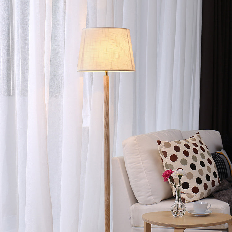 Traditional Vintage Cylinder Cone Pleated Cotton Linen Ash Wood Brass 1-Light Standing Floor Lamp For Living Room