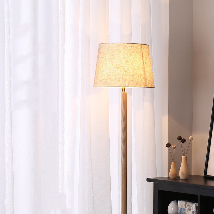 Traditional Vintage Cylinder Cone Pleated Cotton Linen Ash Wood Brass 1-Light Standing Floor Lamp For Living Room