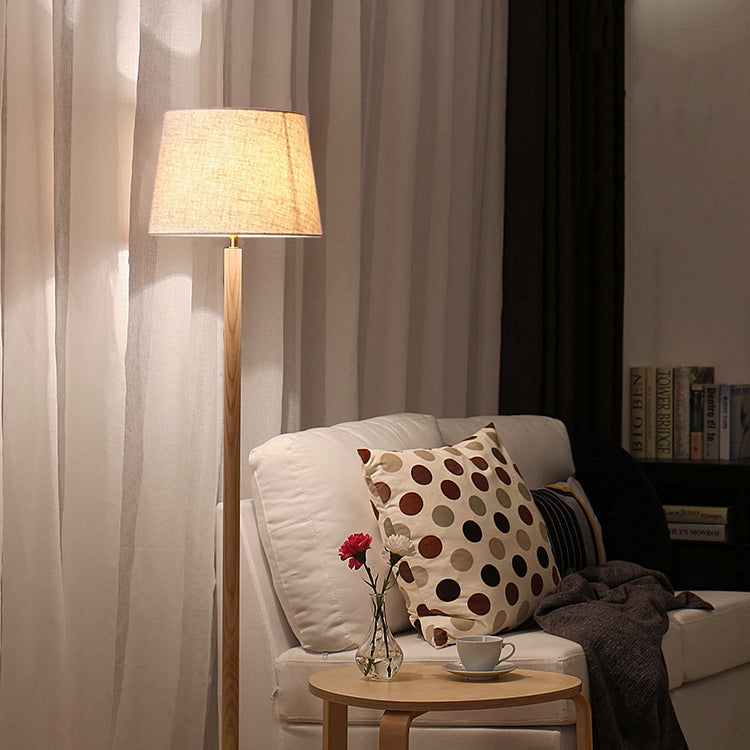 Traditional Vintage Cylinder Cone Pleated Cotton Linen Ash Wood Brass 1-Light Standing Floor Lamp For Living Room