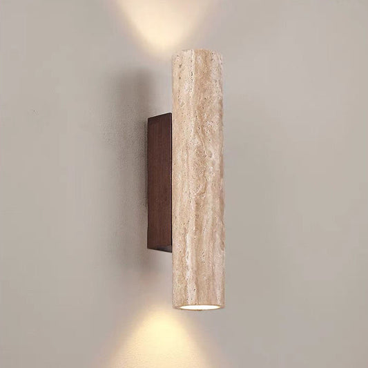 Contemporary Scandinavian Cylinder Round Yellow Travertine Wood 2-Light Wall Sconce Lamp For Living Room