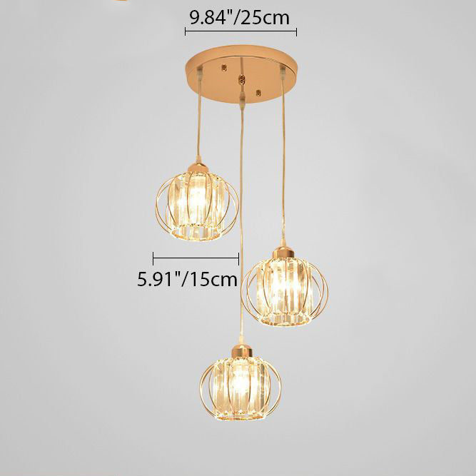 Contemporary Nordic Slash Straight Line Hollow Round Crystal Iron 3-Light Chandelier For Living Room