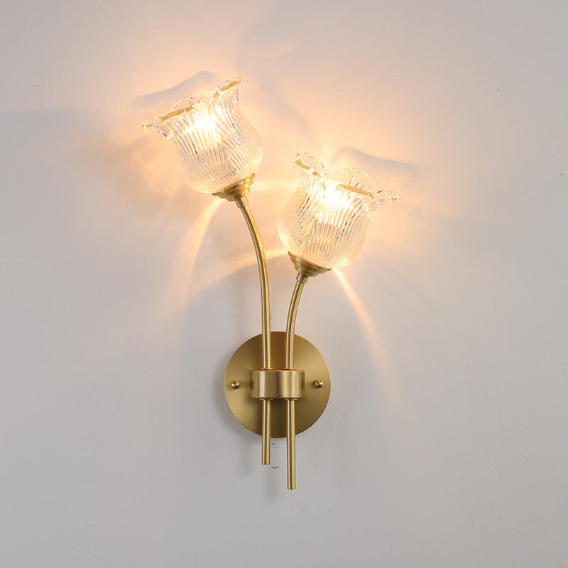 Traditional Vintage Floral Round Glass Copper 2-Light Wall Sconce Lamp For Living Room