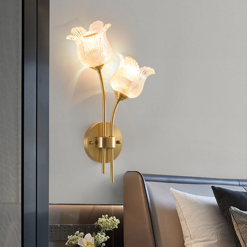 Traditional Vintage Floral Round Glass Copper 2-Light Wall Sconce Lamp For Living Room