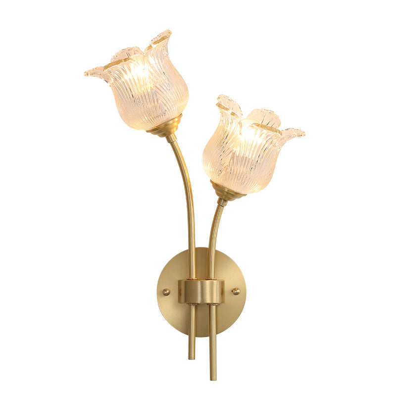 Traditional Vintage Floral Round Glass Copper 2-Light Wall Sconce Lamp For Living Room