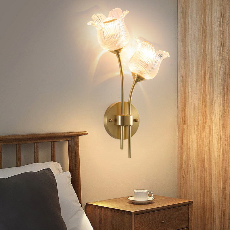 Traditional Vintage Floral Round Glass Copper 2-Light Wall Sconce Lamp For Living Room