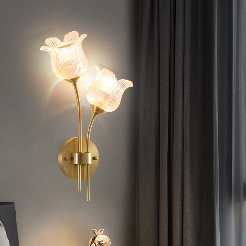 Traditional Vintage Floral Round Glass Copper 2-Light Wall Sconce Lamp For Living Room