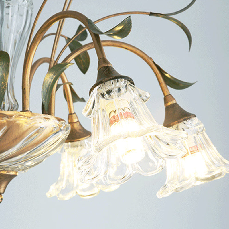 Traditional Vintage Floral Rustic Leaf Round Branch Glass Iron 4/6/8/10 Light Chandelier For Living Room