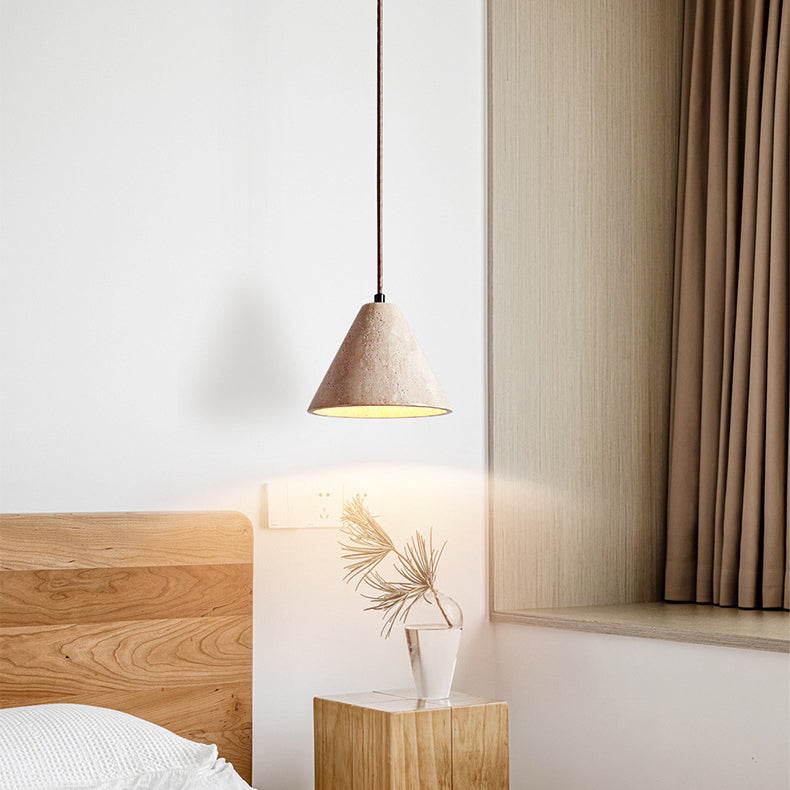 Traditional Chinese Conical Round White Travertine 1-Light Pendant Light For Living Room