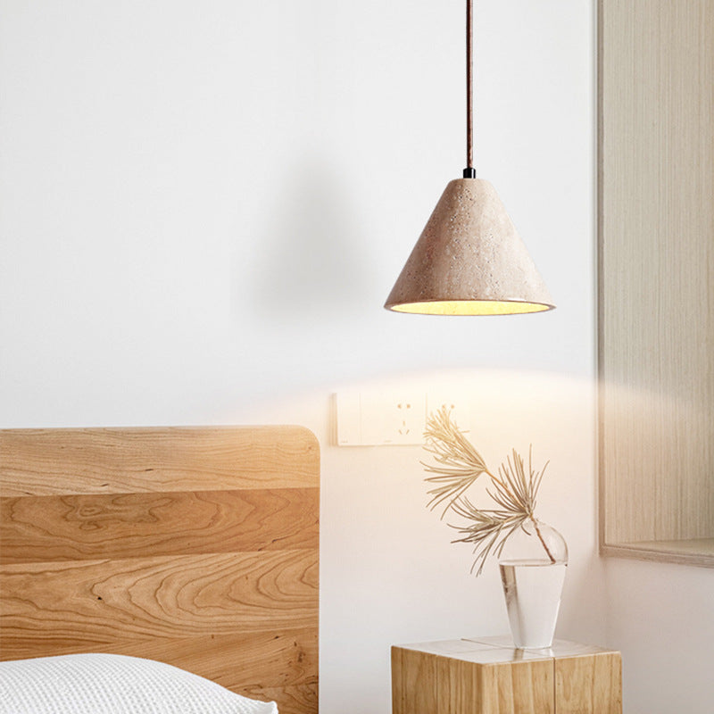 Traditional Chinese Conical Round White Travertine 1-Light Pendant Light For Living Room