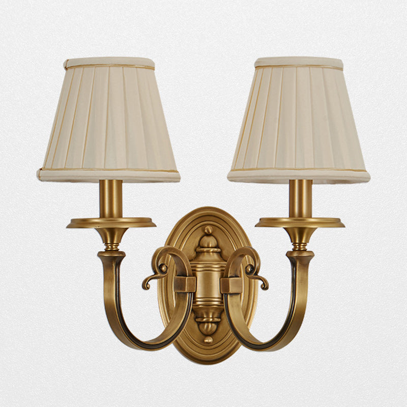 Traditional Vintage Curved Round Oval Fabric Copper 1/2 Light Wall Sconce Lamp For Living Room