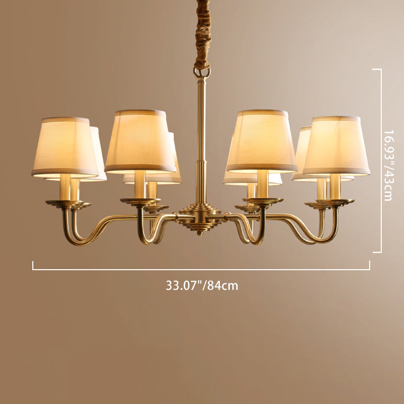 Traditional Vintage Curved Line Branch Cylinder Fabric Copper 4/6/8 Light Chandelier For Living Room