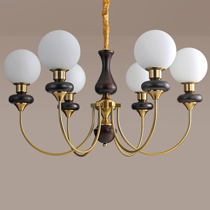 Traditional French Branch Magic Bean Curved Round Glass Walnut Brass 3/6/8/10 Light Chandelier For Living Room