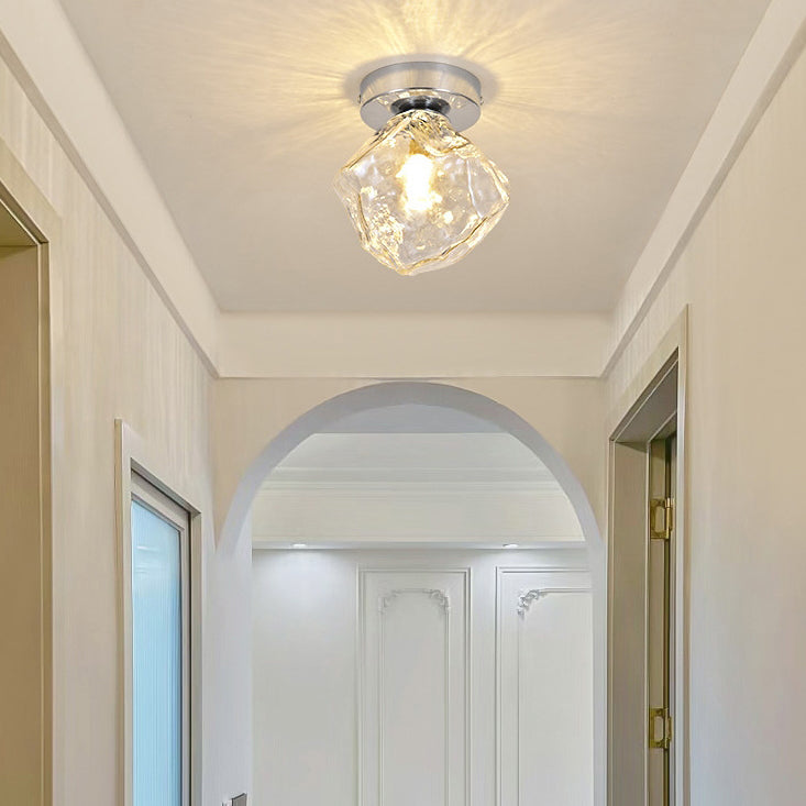 Modern Minimalist Ice Block Irregular Round Glass Iron 1-Light Semi-Flush Mount Ceiling Light For Living Room