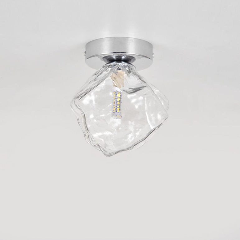 Modern Minimalist Ice Block Irregular Round Glass Iron 1-Light Semi-Flush Mount Ceiling Light For Living Room