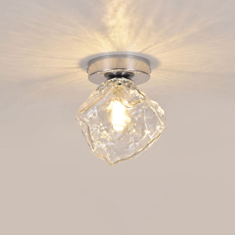Modern Minimalist Ice Block Irregular Round Glass Iron 1-Light Semi-Flush Mount Ceiling Light For Living Room