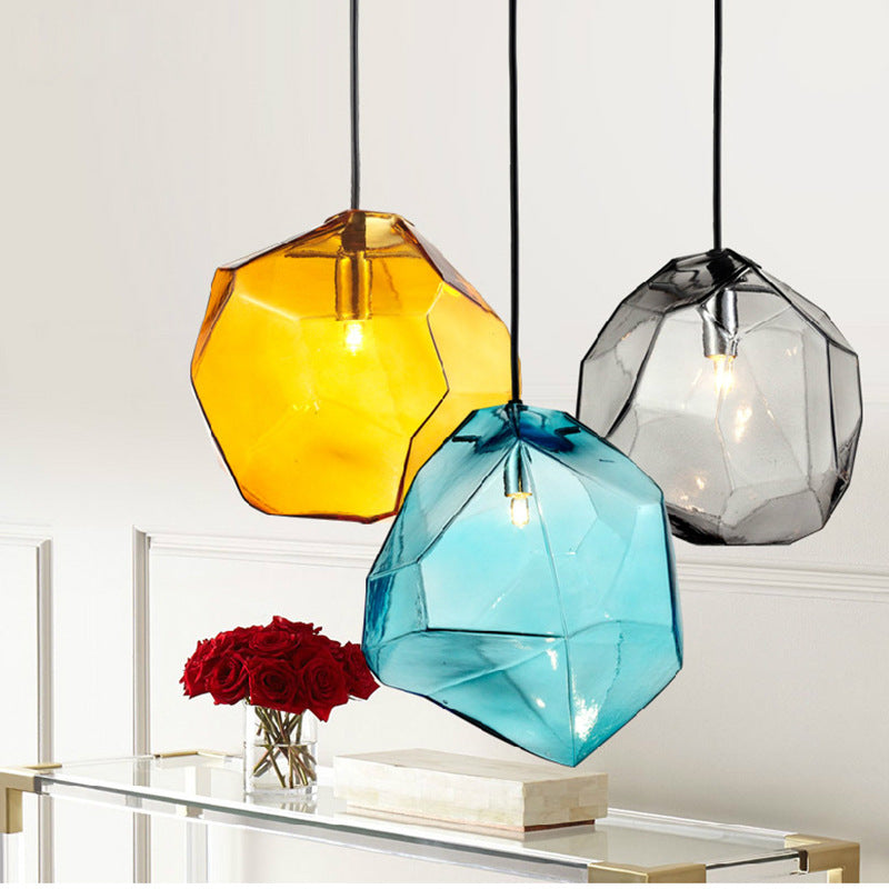 Traditional Vintage Irregular Stone Shape Glass Metal 1-Light Pendant Light For Living Room
