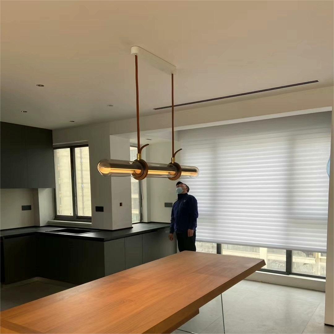 Modern Minimalist Long Cylinder Glass Belt LED Chandelier Island Light For Dining Room