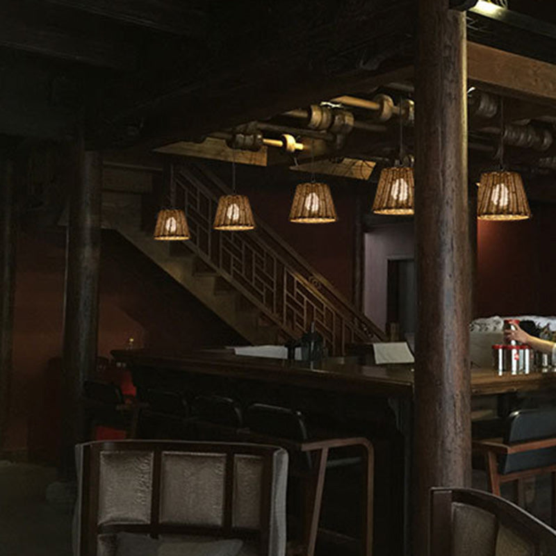 Traditional Vintage Round Cone Rattan Iron 1-Light Pendant Light For Living Room