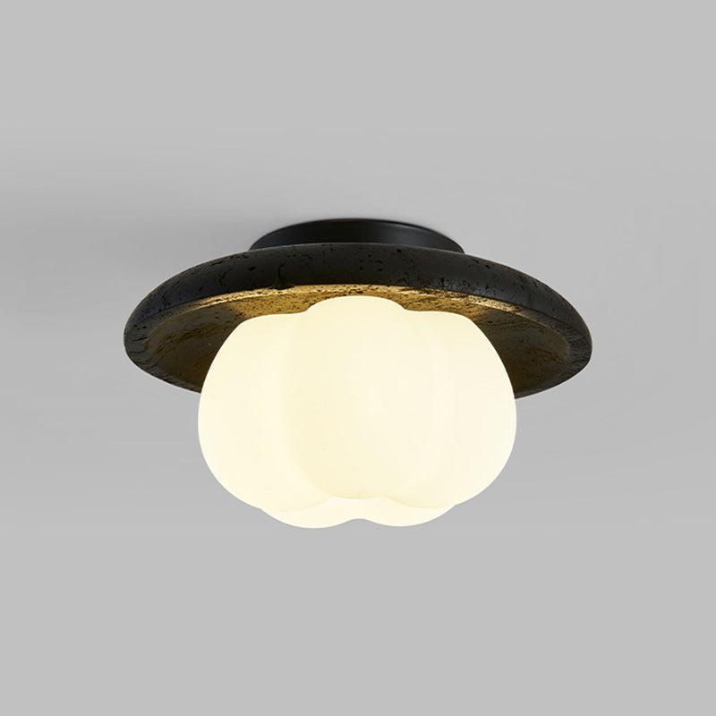 Traditional Vintage Pumpkin Cotton Round PE Black Hole Stone Hardware 1-Light Semi-Flush Mount Ceiling Light For Bedroom