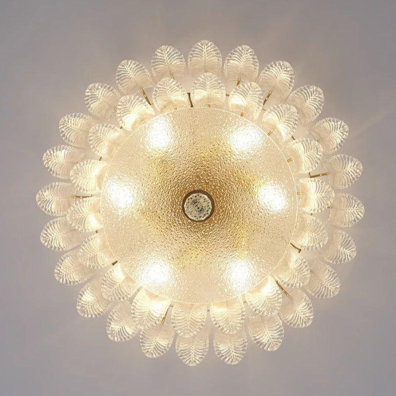 Traditional French Leaf Round Patchwork Glass Iron 6/9 Light Flush Mount Ceiling Light For Living Room