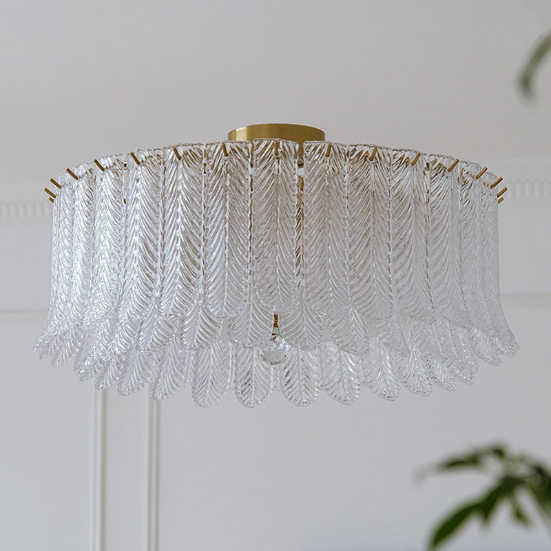 Traditional French Leaf Round Patchwork Glass Iron 6/9 Light Flush Mount Ceiling Light For Living Room