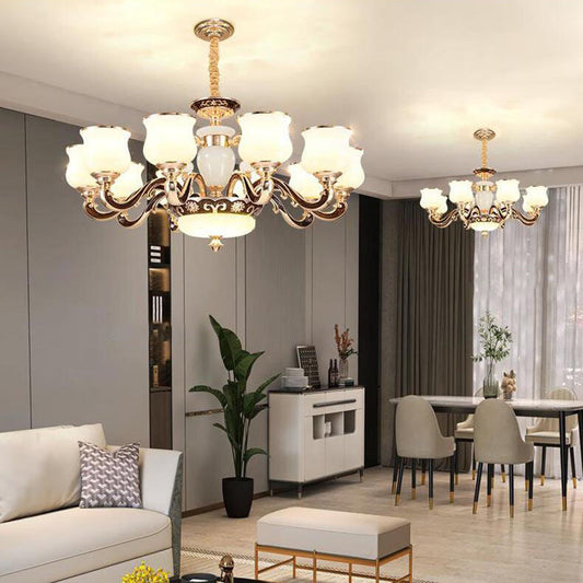 現代的なスカンジナビアの丸型湾曲シリンダーガラス亜鉛6/8/10ライトシャンデリアリビングルーム用