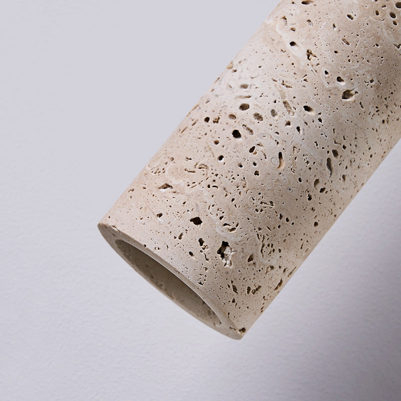 Traditional Vintage Round Column Beige Travertine Solid Wood 1-Light Pendant Light For Living Room