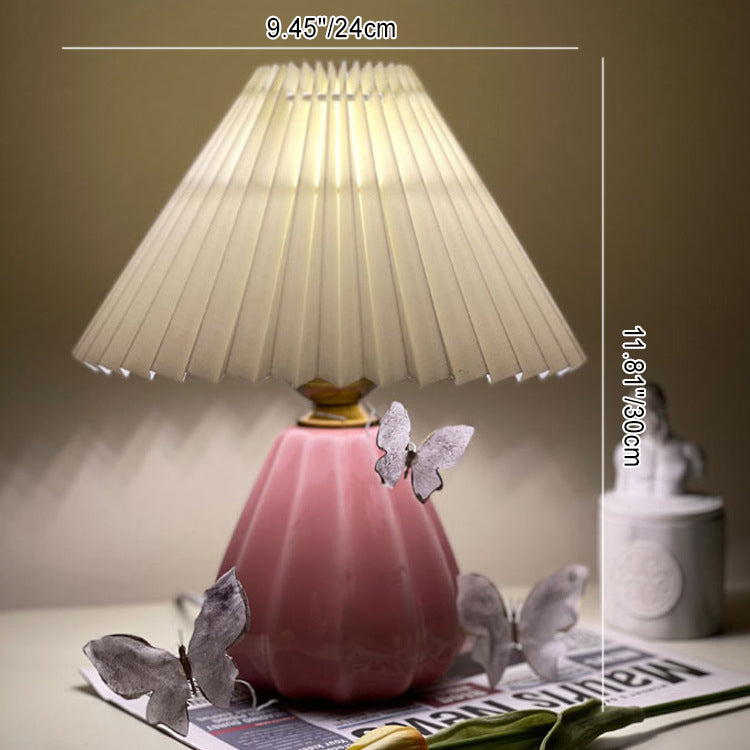 Traditional Vintage Round Cone Pleated Fabric Ceramic 1-Light Table Lamp For Bedroom