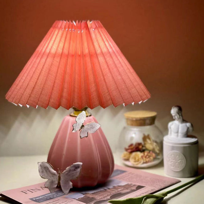 Traditional Vintage Round Cone Pleated Fabric Ceramic 1-Light Table Lamp For Bedroom
