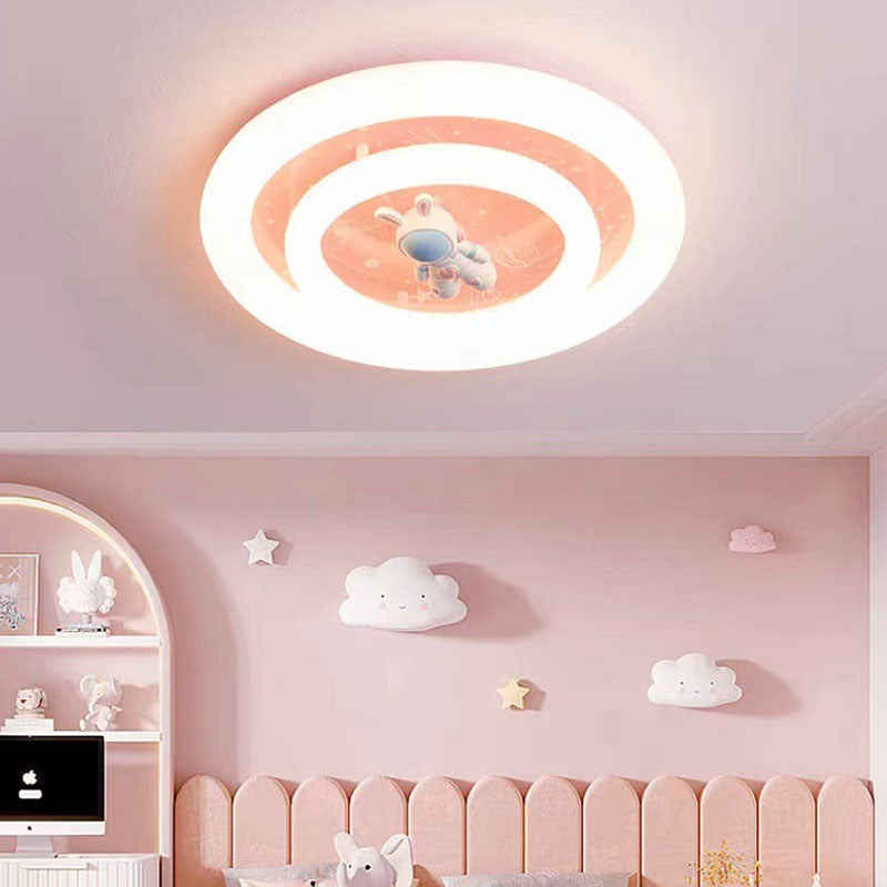 Modern Art Deco Round Spaceman Bunny Airplane Acrylic Resin Iron LED Flush Mount Ceiling Light For Bedroom