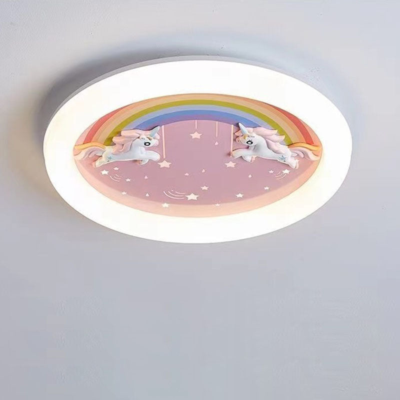 Modern Art Deco Round Cloud Rabbit Unicorn Acrylic Resin Iron LED Flush Mount Ceiling Light For Bedroom