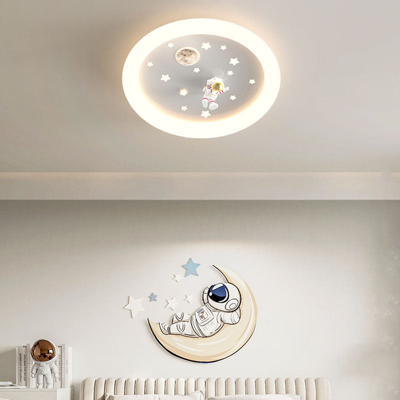 Modern Art Deco Kids Astronaut Stars Round Acrylic Iron LED Flush Mount Ceiling Light For Bedroom