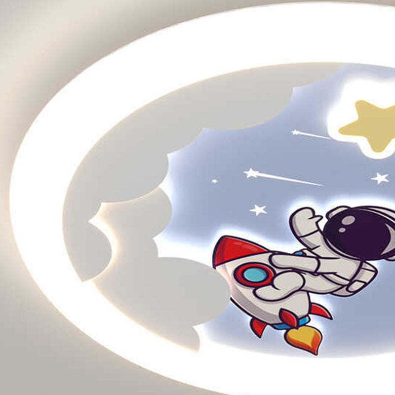 Modern Art Deco Kids Sky Spaceman Round PE Iron LED Flush Mount Ceiling Light For Bedroom