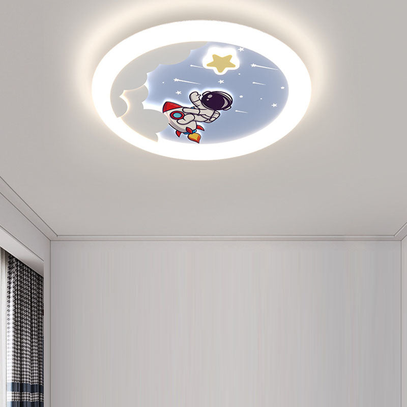 Modern Art Deco Kids Sky Spaceman Round PE Iron LED Flush Mount Ceiling Light For Bedroom
