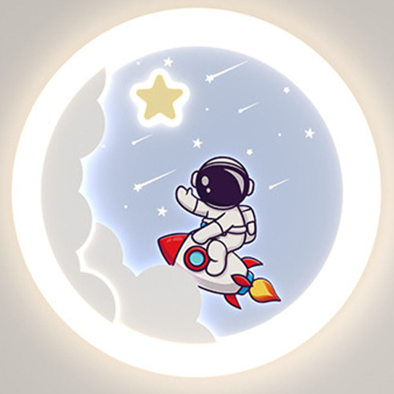 Modern Art Deco Kids Sky Spaceman Round PE Iron LED Flush Mount Ceiling Light For Bedroom